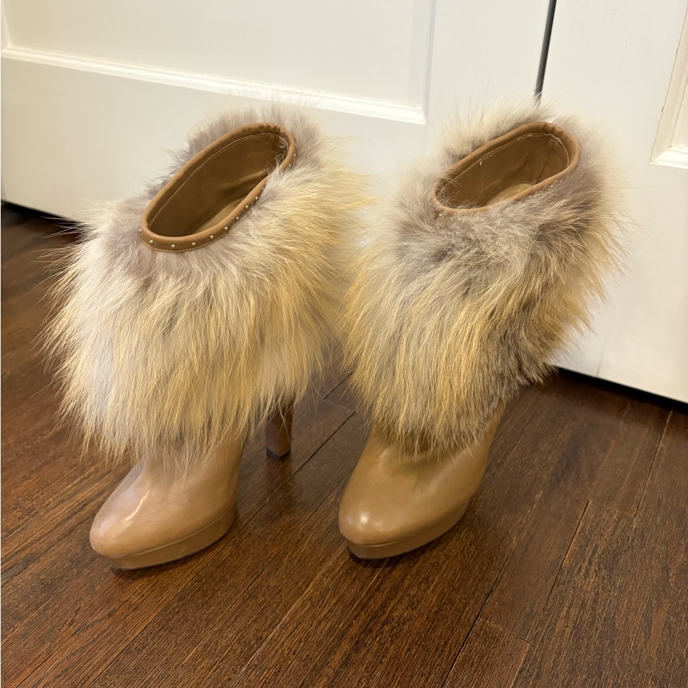 Jimmy Choo Tan Leather Fur-Trimmed Women's Boots